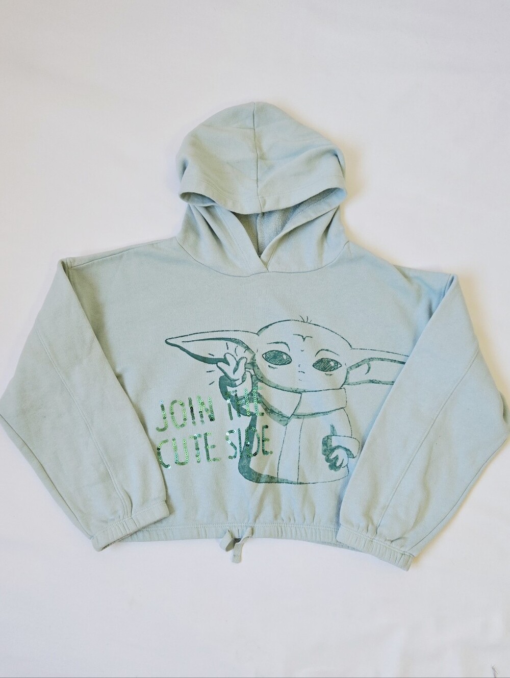 Star Wars Grogu Baby Yoda Girls L 10/12 Cropped Hoodie Sequin Green 'Cute Side'